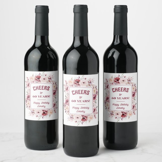 60th Birthday Personalized Burgundy Pink Floral  Wine Label (Bottles)