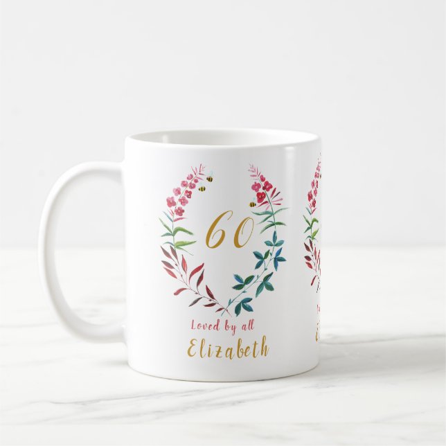 60th Birthday Personalized Girly Floral Feminine Coffee Mug (Left)