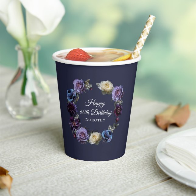 60th Birthday Personalized Moody Purple Flower Paper Cups (Insitu)