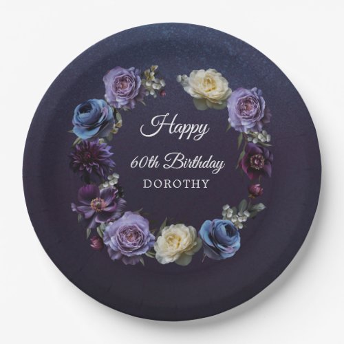 60th Birthday Personalized Moody Purple Flower Paper Plates