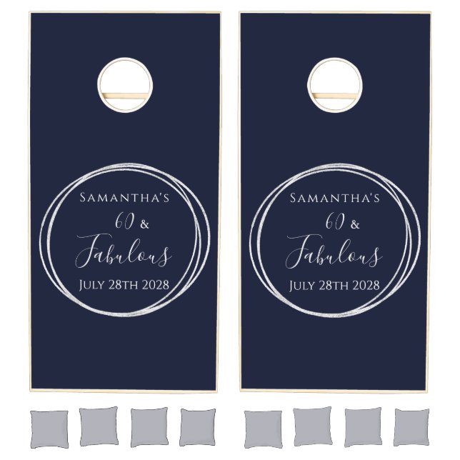 60th Birthday Personalized Navy Silver Party Cornhole Set (Set)