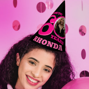 60th birthday personalized photo pink black party hat