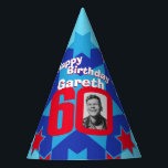 60th birthday personalized photo star name hat<br><div class="desc">Bright star pattern add your own photo and name party hat. Ideal for a special boys 60th birthday party celebration. Colorful red and blue design. Background colour can also be changed for your own choice currently light blue. Original art and design by Sarah Trett. www.sarahtrett.com for www.mylittleeden.com</div>