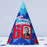 60th birthday personalized photo star name hat<br><div class="desc">Bright star pattern add your own photo and name party hat. Ideal for a special boys 60th birthday party celebration. Colorful red and blue design. Background colour can also be changed for your own choice currently light blue. Original art and design by Sarah Trett. www.sarahtrett.com for www.mylittleeden.com</div>