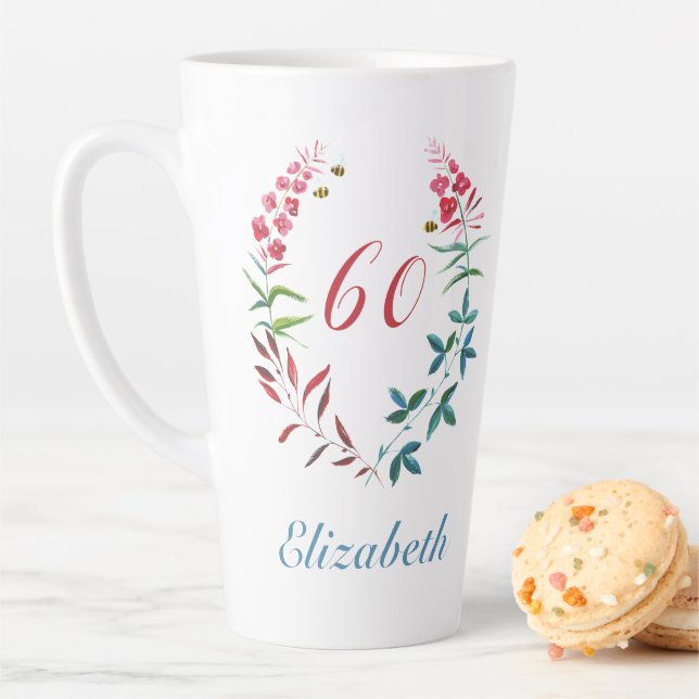 60th Birthday Personalized Pink Floral Feminine Latte Mug (In Situ)