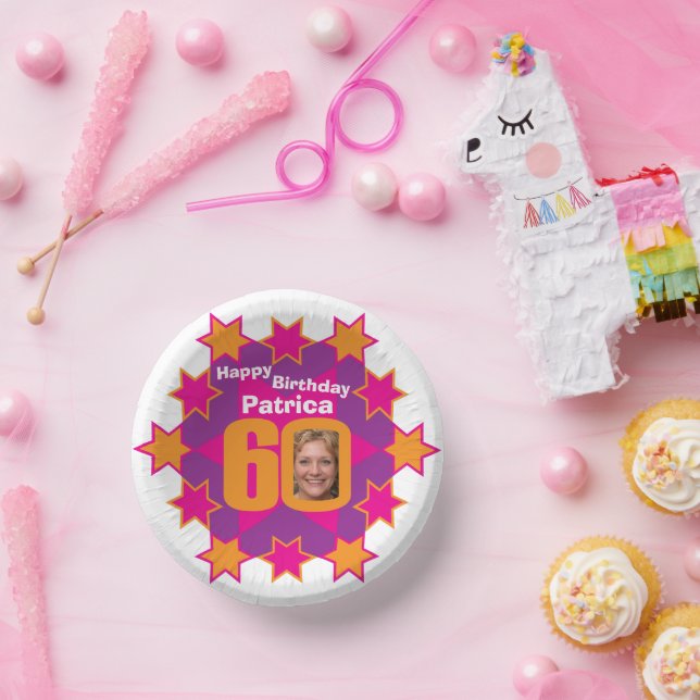 60th birthday photo and name pink star  paper bowls (Party)