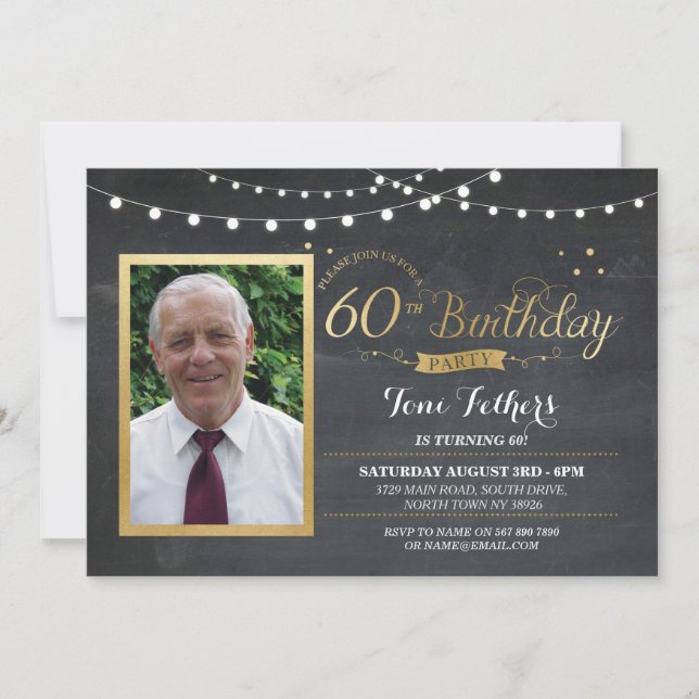 60th Birthday Photo Chalk Rustic Gold Invitation (Front)