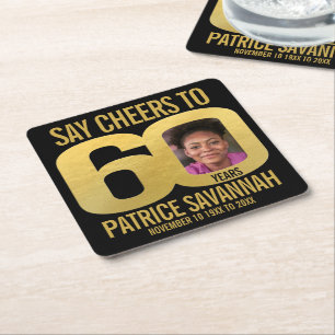 60th birthday photo cheers black and gold square paper coaster