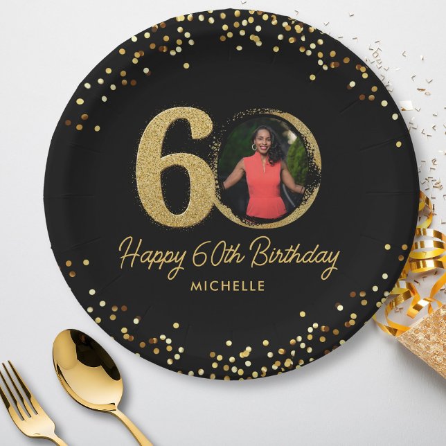 60th Birthday Photo Chic Black Gold Glitter Custom Paper Plates (Creator Uploaded)