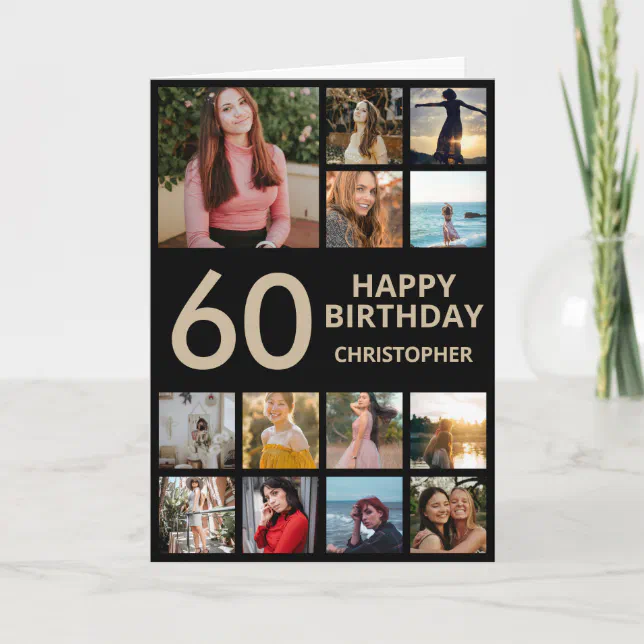 60th Birthday Photo Collage 13 Photos Black & Gold Card | Zazzle