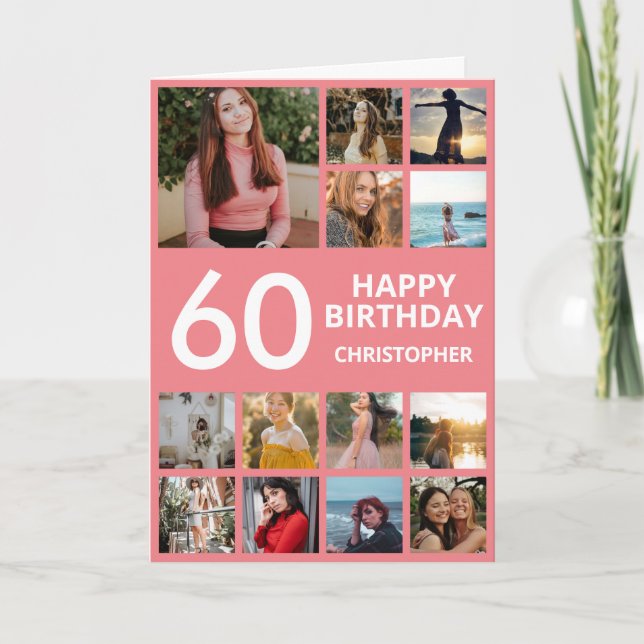 60th Birthday Photo Collage 13 Photos Pink & White Card (Front)