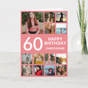 60th Birthday Photo Collage 13 Photos Pink & White Card