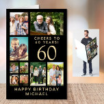 60th Birthday Photo Collage Black Gold Jumbo Card<br><div class="desc">A custom 60th birthday keepsake jumbo card featuring "Cheers To 60 Years, " a 9 photo collage of family,  friends,  pets,  memories,  events,  etc. and the recipient's name in simple gold lettering on a black background. On the inside,  add your custom message or leave blank for a handwritten note.</div>