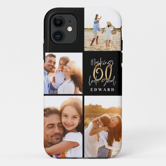 60th birthday photo collage black gold script Case-Mate iPhone case (Back)
