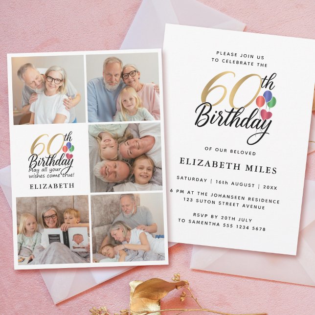 60th Birthday Photo Collage Gold Script Typography Invitation (Creator Uploaded)