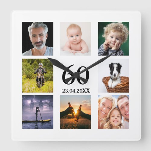 60th birthday photo collage guy square wall clock