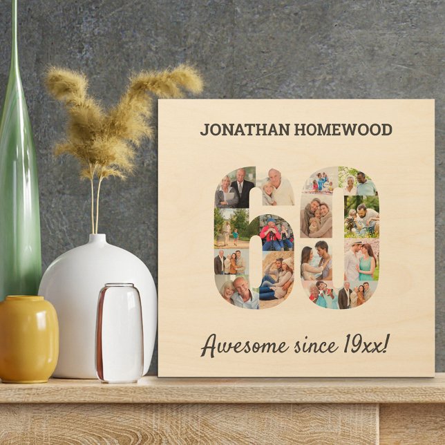 60th Birthday Photo Collage in Number 60 Wood Wall Art (Creator Uploaded)