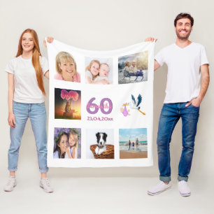 60th birthday photo collage white fleece blanket