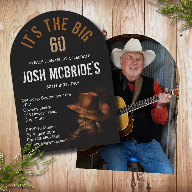 60th Birthday Photo Cowboy Hat Boots Masculine Invitation (Creator Uploaded)