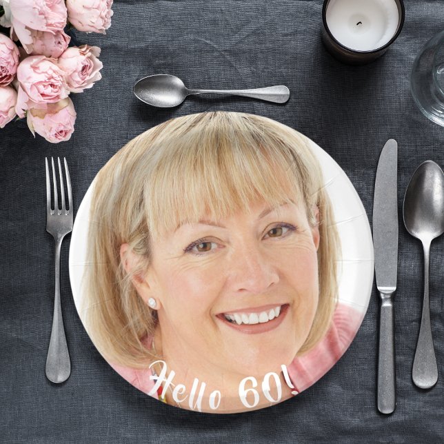 60th birthday photo hello 60 sixty paper plates (Creator Uploaded)