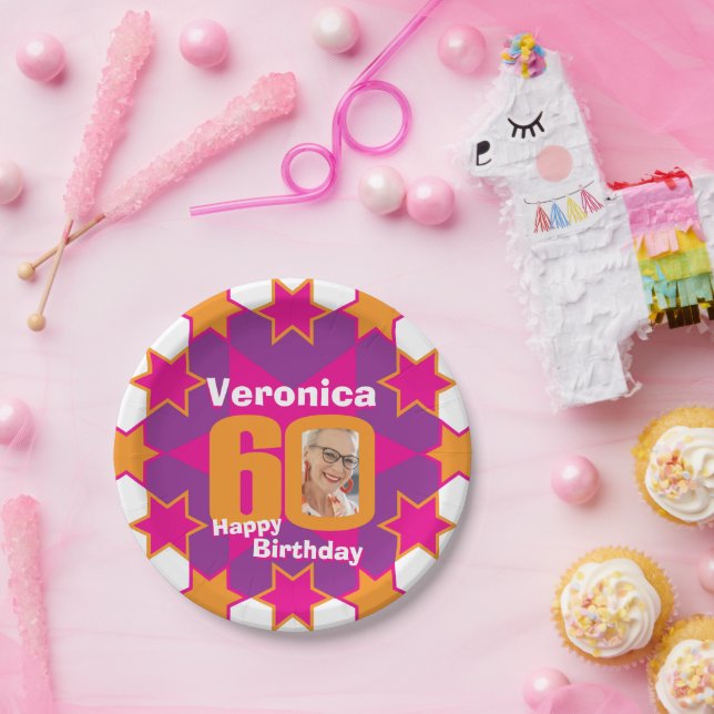 60th birthday photo name pink star paper plate (Party)