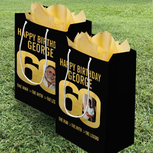 60th Birthday photo now and then black gold legend Medium Gift Bag