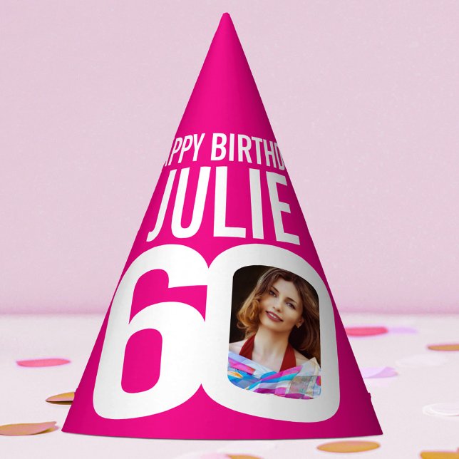 60th birthday photo personalized white hot pink party hat (Creator Uploaded)