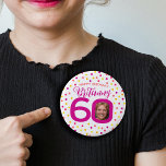 60th birthday photo pink golden yellow confetti button<br><div class="desc">Bright colorful confetti random dots birthday 60th surprise party button. In deep pink, red, coral, golden yellow and yellow on white. Add your own birthday girl's photo in the centre of the 0 in 60 and customize with your own sixtieth birthday girls name. Other matching items and milestone birthday years...</div>