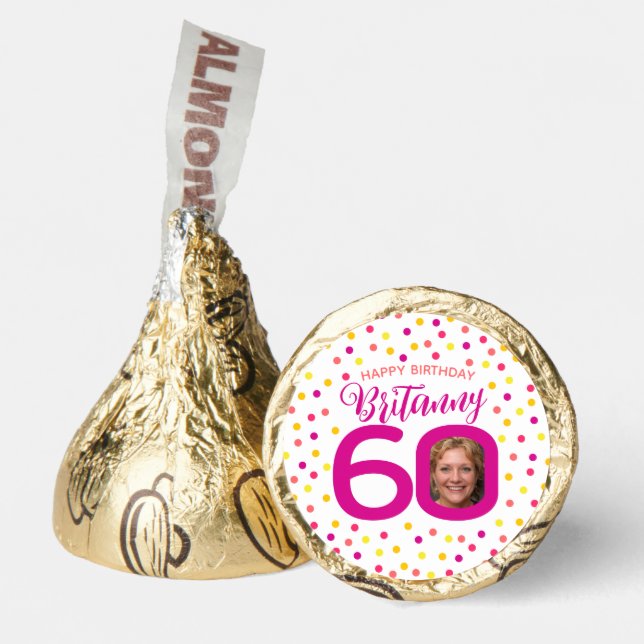 60th birthday photo pink golden yellow confetti hershey®'s kisses® (Front)