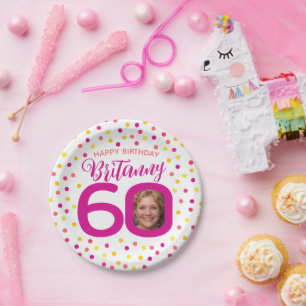 60th birthday photo pink golden yellow confetti  paper plates