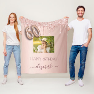 60th birthday photo rose gold glitter blush pink fleece blanket