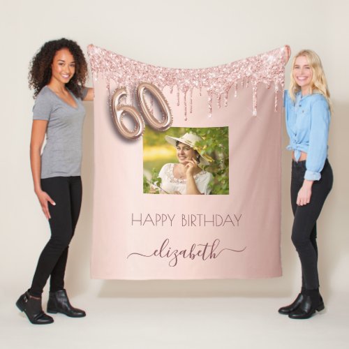 60th birthday photo rose gold glitter blush pink fleece blanket