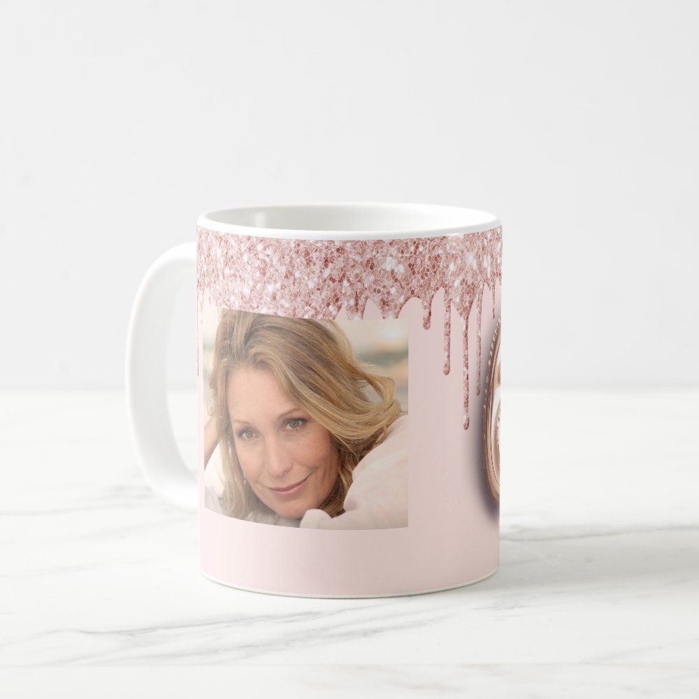 60th Birthday Custom Photo Rose Gold Glitter Pink Balloon Coffee Mug