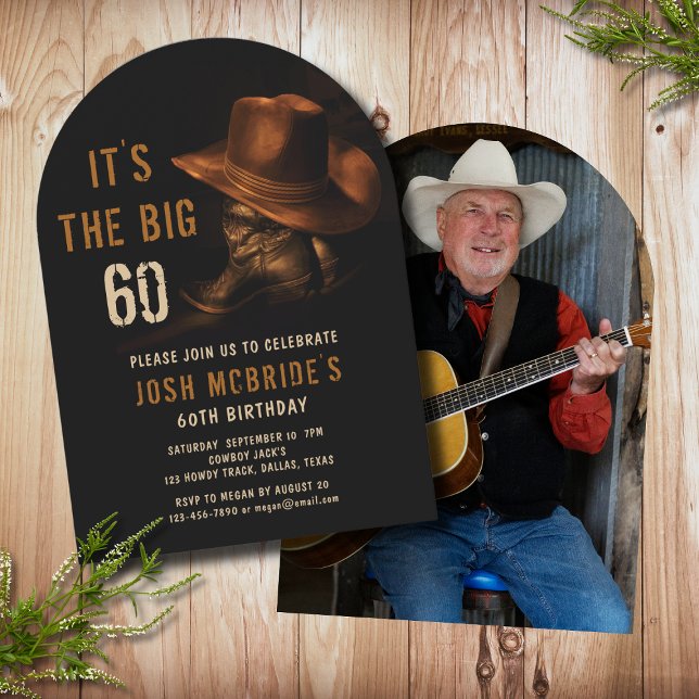 60th Birthday Photo Rustic Cowboy Hat Boots Invitation (Creator Uploaded)