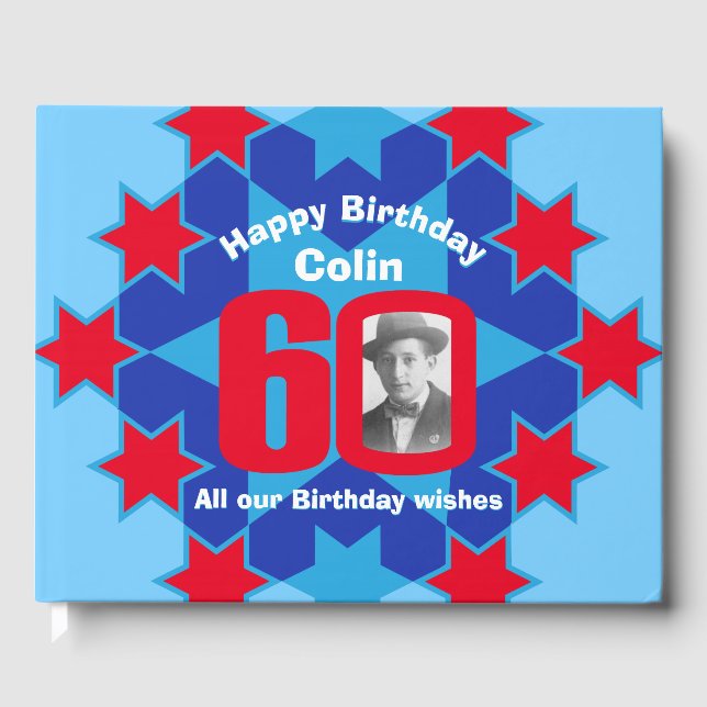 60th birthday photo star red blue guest book (Front)