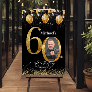 60th Birthday Photo Welcome Sign, Black & Gold Foam Board