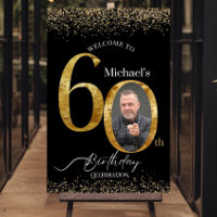 60th Birthday Photo Welcome Sign, Black & Gold Par