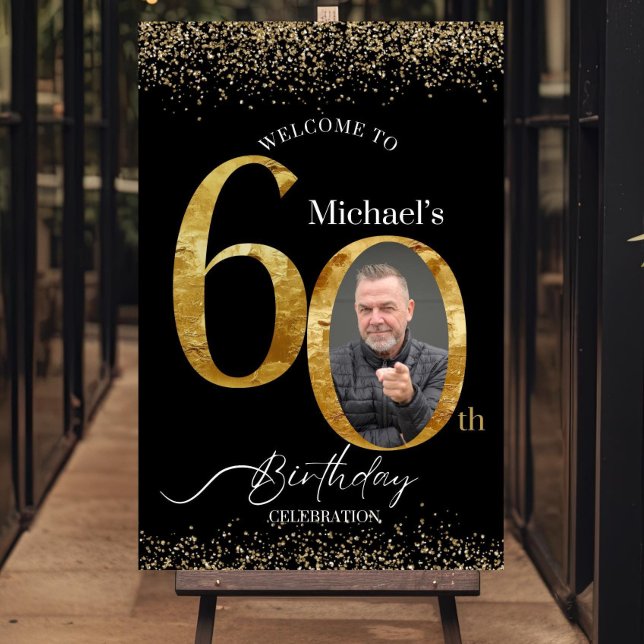 60th Birthday Photo Welcome Sign, Black & Gold Par Foam Board (Creator Uploaded)