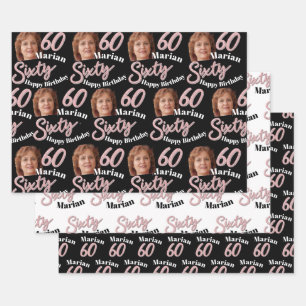 60th birthday photos pink black white wrapping  paper sheets