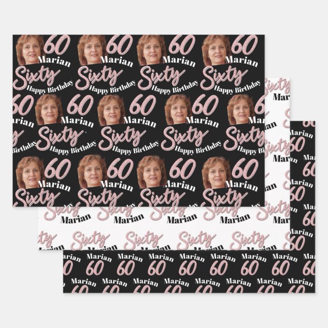 60th birthday photos pink black white wrapping  wrapping paper sheets (Set)