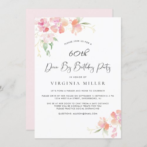 60th Birthday Pink and Gold Floral Drive By Party Invitation