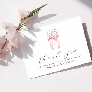 60th Birthday Pink Bow Wildflower Custom Flat Thank You Card