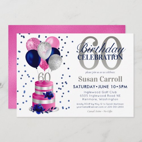60th Birthday Pink Cake  Invitation