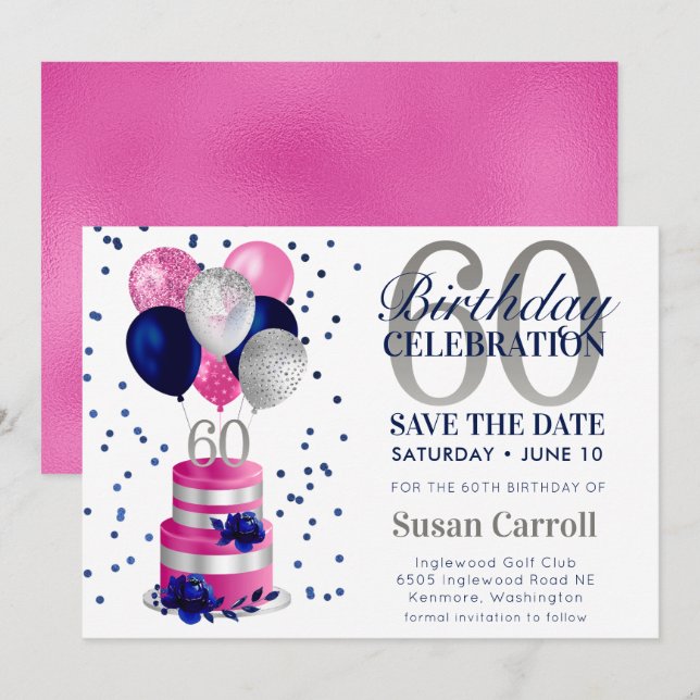 60th Birthday Pink Cake Save The Date Invitation (Front/Back)