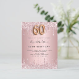 60th Birthday pink dusty rose glitter luxury Invitation Postcard | Zazzle