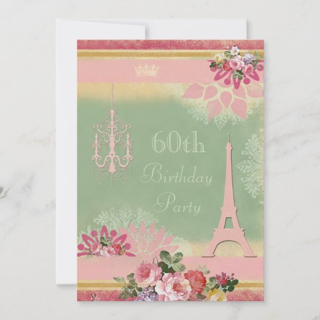 60th Birthday Pink Eiffel Tower and Chandelier Invitation (Front)