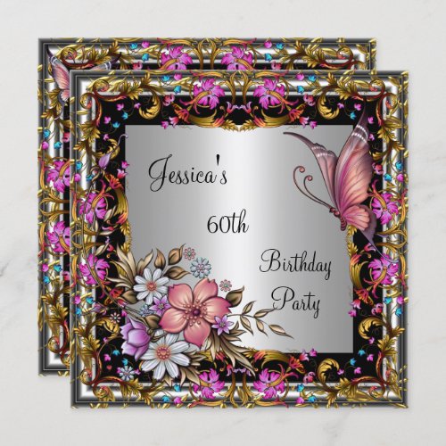 60th Birthday Pink Floral Butterfly Gold Silver Invitation