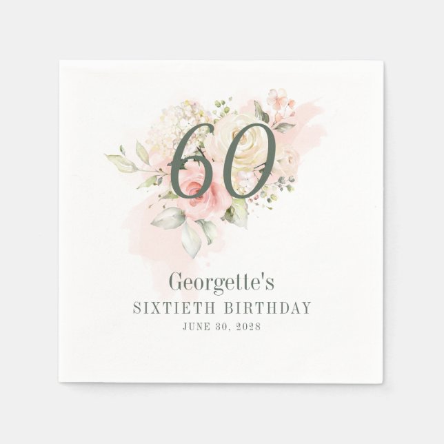 60th Birthday Pink Floral Greenery Blush Paper Napkins (Front)