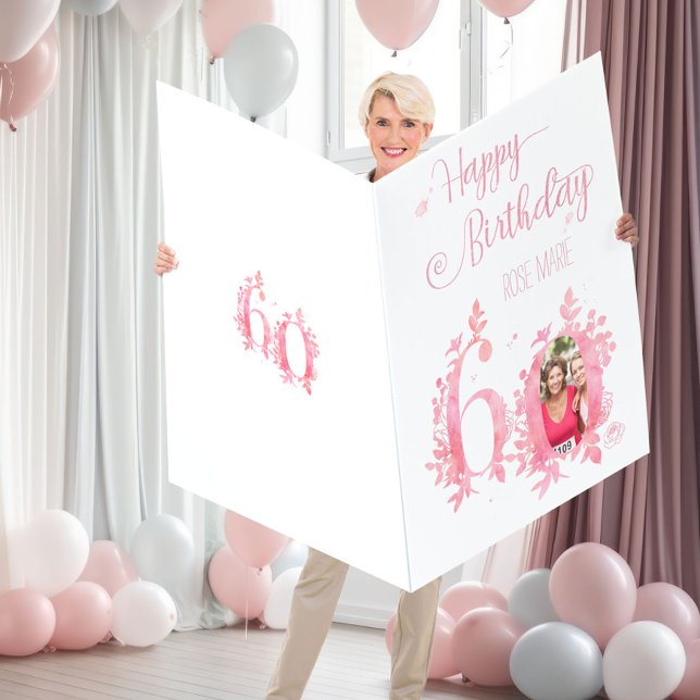 60th Birthday Pink Floral Numbers Jumbo Photo Card (Creator Uploaded)