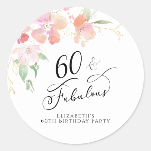 60th Birthday Pink Floral Watercolor Classic Round Sticker